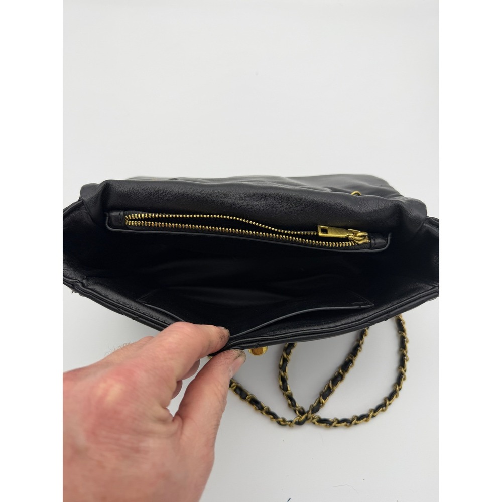 Quilted Black Leather Shoulder Bag Gold Chain Link Turn Lock Crossbody - Picture 4 of 4